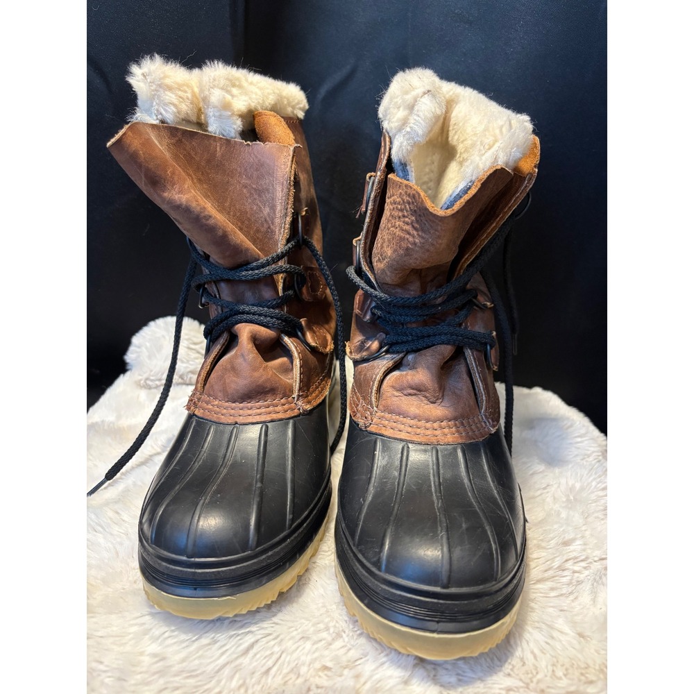 Kamik Everest Leather Duck Boots Brown Black Faux Fur Lined Winter Snow Boots